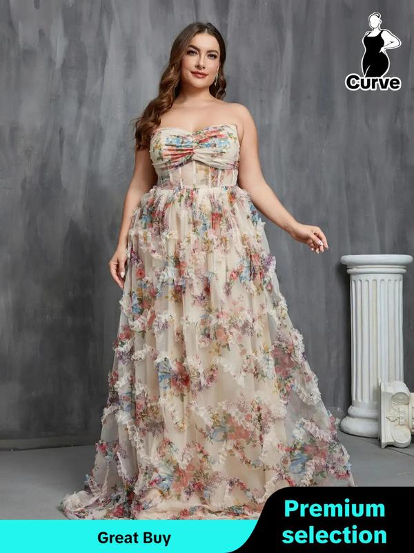  Womenswear Floral Print Ruched Corset Frill Trim Tulle Evening Dress, Comfort Zipper Back A Line Tube Dress, Women's Evening Party Gown for Fall, Wedding Guest Dresses, Hoco Dresses Black Girls
